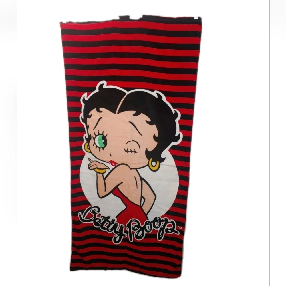 Retro Betty Boop Beach Bath Towel Red Black Striped Terry Cotton Sz 58 X 29 Nwot